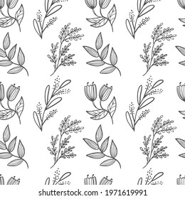 Seamless pattern of spring, summer flowers and herbs. Hand-painted wildflowers and plants. Line art. The theme of ecology and conservation. For paper, cover, fabric, gift wrap. Vector illustration.
