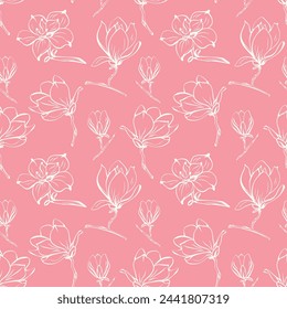 Seamless pattern with spring and summer flowers. Sketch-style magnolia pattern, hand-drawn on pink background for unique design of packaging and flower shops.