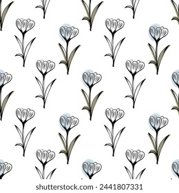 Seamless pattern with spring and summer flowers. Sketch-style crocus pattern, hand-drawn on white background for unique design of packaging and flower shops.