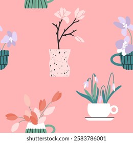 Seamless pattern of spring or summer flowers growing in ceramic vases. Flower arrangement in cups. Tulips, snowdrops, orchid, magnolia vector illustration. Abstract background, print textile design