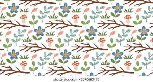 Seamless pattern with spring and summer forest woods plants. Mushrooms, leaves, branches, grass, flowers. Vector background with woodland botanical elements for scrapbooking, textiles. 