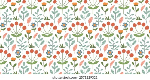 Seamless pattern with spring and summer forest plants and floral elements. Flowers, leaves, grass, branches. Vector background with woodland botanical elements for scrapbooking, textiles. 