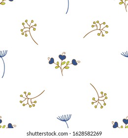 Seamless pattern with spring and summer twigs and flowers. Colorful vector illustration on a white background. Suitable for packaging, print, fabric