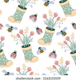 Nahtlose Muster für Frühling und Sommer mit Schweißstiefeln, Ladybug und Blumen, Vektorgrafik. Unendlicher wiederholbarer Hintergrund für Textilien und Drucke.