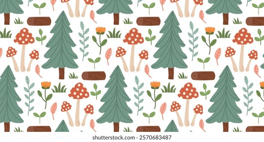 Seamless pattern with spring summer woodland botanicals. Spruce, mushrooms, leaves, branches, flowers, log. Vector background for scrapbooking, textile. 