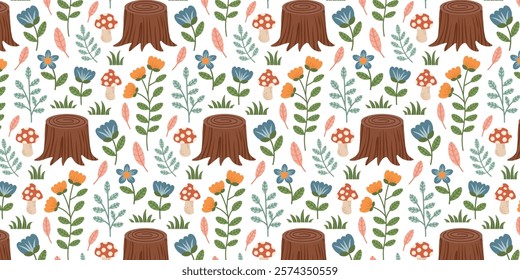 Seamless pattern with spring summer woodland botanical elements. Tree stumps, mushrooms, leaves, branches, flowers, grass. Vector background with woods forest illustrations. 