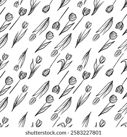 Seamless pattern with spring tulip flower in brush stroke texture. Hand drawn vector sketch illustration in vintage charcoal ink style. Wrapping paper design, fashion print, clothes, tissue design