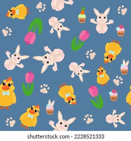 Seamless pattern spring tulips, chick and easter bunny. Easter ornament for children's textiles, packaging, background design in cartoon style.
