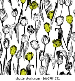 Seamless pattern with spring tulips are in engraving style with green fills