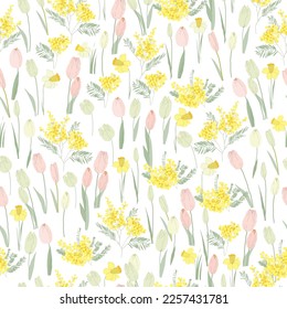 Seamless Pattern with Spring Tulips, Mimosa and Daffodils