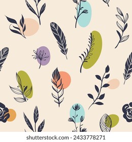 Seamless pattern with spring twigs, flowers and color spots