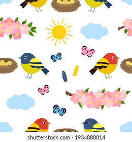 Seamless pattern spring vector illustration. Flowers birds nest insects clouds sun