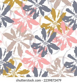 seamless pattern with spring watercolor multicolored flowers, hand painted Delicate multicolored flowers and tropical leaves on pastel background.