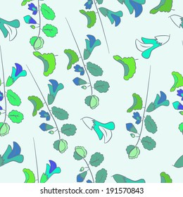 Seamless pattern of spring wildflowers in blue tone.