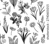Seamless pattern with spring wildflowers. Hand-drawn detailed vector illustration in engraving style.