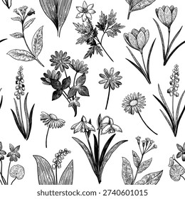 Seamless pattern with spring wildflowers. Hand-drawn detailed vector illustration in engraving style.