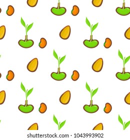 Seamless pattern with sprout, organic seed and green plant vector illustration isolated on white background. Endless texture symbolize beginning of new life