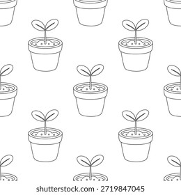 Patrón sin fisuras de brotes en maceta, perfilar las plantas caseras con dos hojas jóvenes, fondo para la envoltura, papel de embalaje, textil, Ilustración vectorial sobre fondo blanco