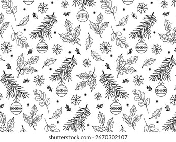 Patrón sin fisuras con ramas de abeto, hojas de acebo, bayas, copos de nieve y juguete del árbol de Navidad, arte de línea dibujado a mano, archivo de Vector blanco y negro. Para envolver, textiles, tarjetas, Fondo de pantalla, fondos