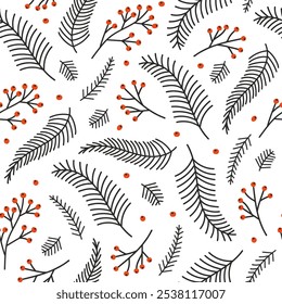 Seamless pattern with spruce branches and rowan on a white background. Christmas ornament for wrapping paper and decor. Vector illustration
