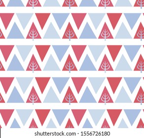 Seamless Pattern spruce and mountains. Scandinavian, Nordic style with red and blue triangles and Christmas tree.  Vector ornament  for design, fabric, textile, wrapping paper, wallpaper