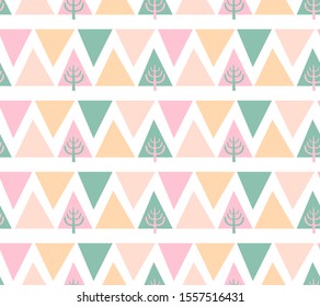 Seamless Pattern spruce and mountains. Scandinavian, Nordic style with pink and green, yellow triangles and tree. Vector ornament  for design, fabric, textile, wrapping paper, wallpaper