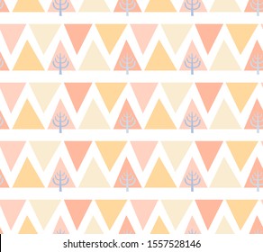 Seamless Pattern spruce and mountains. Scandinavian, Nordic style with orange and yellow triangles and autumn tree. Vector ornament  for design, fabric, textile, wrapping paper, wallpaper