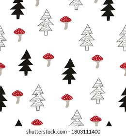 seamless pattern with spruce, mushrooms. Forest, simple flat vector. hand drawing. design for fabric, print, wrapper