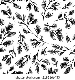 Seamless pattern with spruce and pine tree branches. Winter Christmas branches, hand drawn twigs. Christmas and New Year decoration. Botanical holiday ornament, nature print. Black and white twigs.