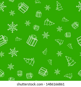 Seamless pattern with spruce, snowflake and gift on a green background. Vector illustration for the new year. Background image for packaging. New Year and Christmas celebration.