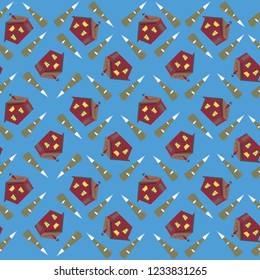 Seamless pattern with spruces and cosy village houses. Blue background. Flat cartoon style vector illustration.