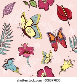 Seamless pattern of spting butterfly, flowers cartoon hand drawn background