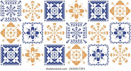 Seamless pattern with square antique geometric ornament. Indigo and beige colors. Endless azulejo wall, floor tile. 