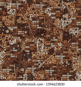 Seamless pattern. Square brick walls and abstract elements. Multicolor.