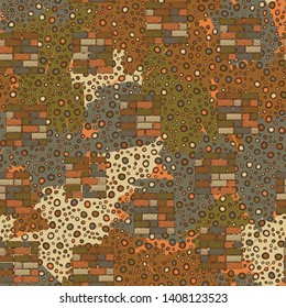 Seamless pattern. Square brick walls and abstract elements. Multicolor.