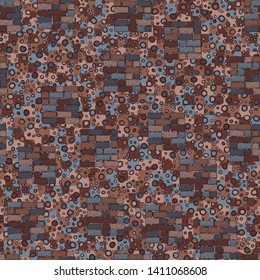 Seamless pattern. Square brick walls and abstract elements. Multicolor.