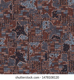 Seamless pattern. Square brick walls and abstract elements. Multicolor.