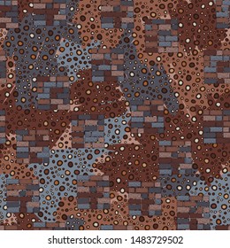 Seamless pattern. Square brick walls and abstract elements. Multicolor.