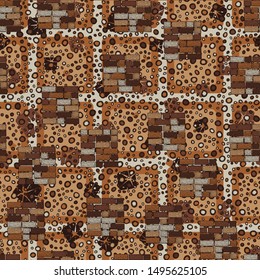 Seamless pattern. Square brick walls and abstract elements. Multicolor.