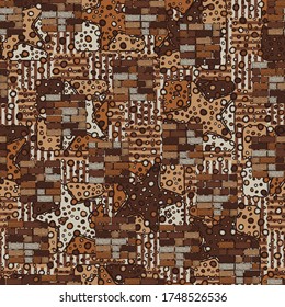 Seamless pattern. Square brick walls and abstract elements. Multicolor.