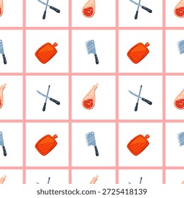 Modelo inconsútil con el tema cuadrado del carnicero, afilador del cuchillo, cuchilla y tabla de cortar