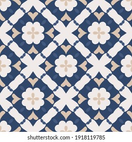 Seamless pattern from square ceramic tiles. Geometric pattern of rhombuses with hearts and flowers. Portuguese, Spanish or Moroccan traditional national ornament. Vector mandalas. Pink, indigo blue.