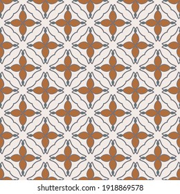 Seamless pattern from square ceramic tiles, rhombuses. Portuguese, Spanish or Moroccan traditional national ornament. Vector mandalas. Brown, beige and brick colors.