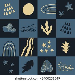 Seamless pattern of square checker with night moon, stars, rain, plants and river of illuminate yellow color on dark blue background. Vector print in minimalistic doodle style. Abstract nightscape.