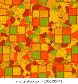 Seamless pattern. Square checkered patches, rough stitched on an abstract background.