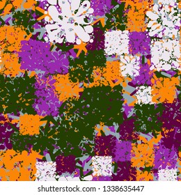 Seamless pattern. Square checkered patches, rough stitched on an abstract background.