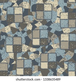 Seamless pattern. Square checkered patches, rough stitched on an abstract background.