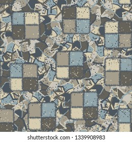 Seamless pattern. Square checkered patches, rough stitched on an abstract background.