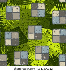 Seamless pattern. Square checkered patches, rough stitched on an abstract background.