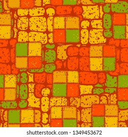 Seamless pattern. Square checkered patches, rough stitched on an abstract background.
